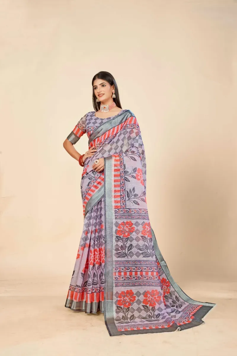 Lavender Floral Geometric Print Linen Saree with Silver Zari Border