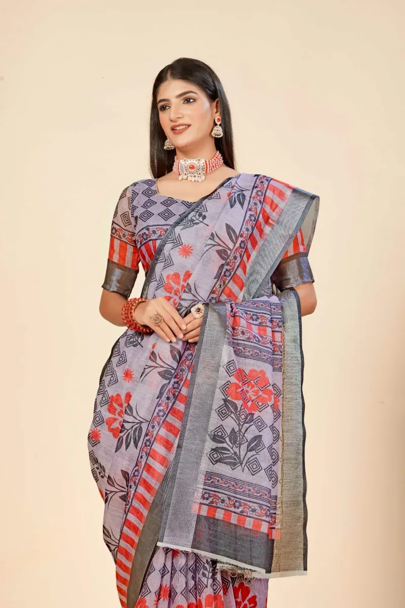 Lavender Floral Geometric Print Linen Saree with Silver Zari Border (Hover)