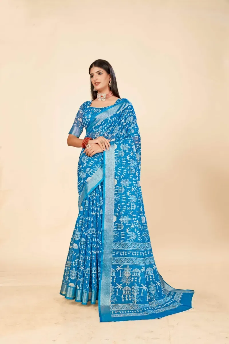 Cerulean Blue Warli Print Linen Saree with Silver Zari Border