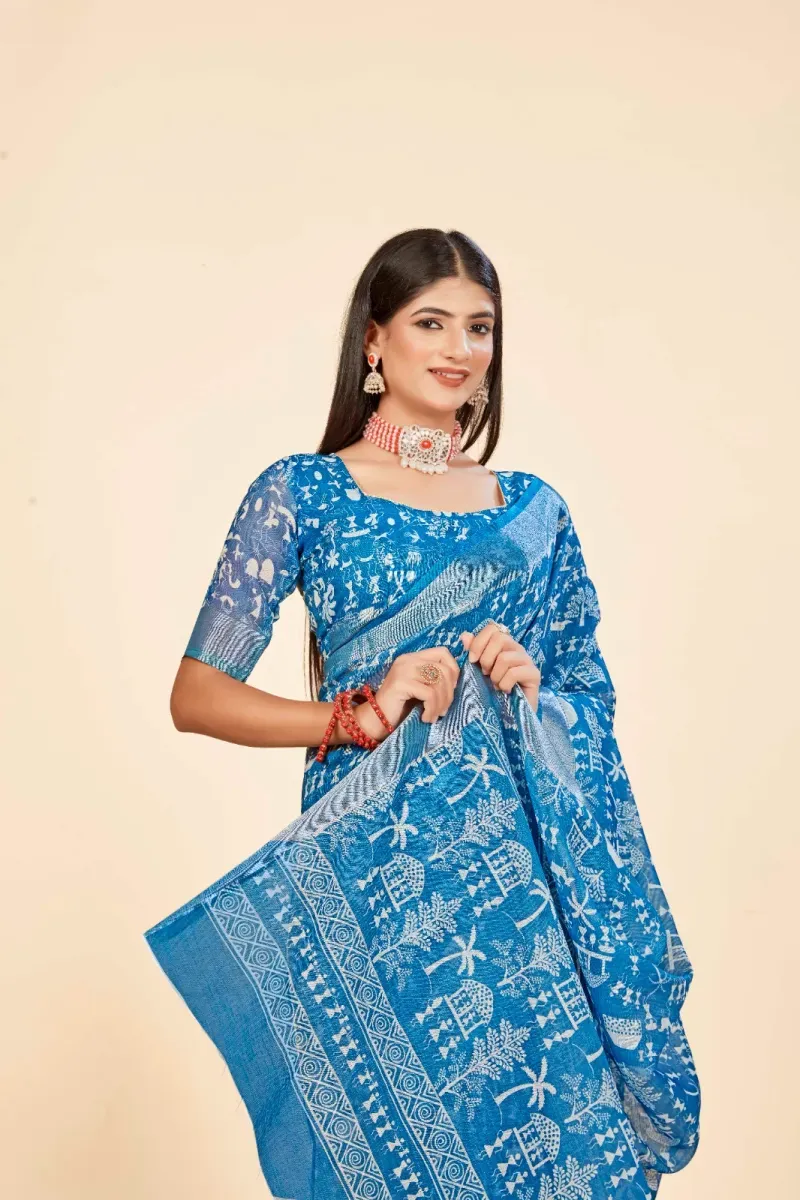 Cerulean Blue Warli Print Linen Saree with Silver Zari Border (Hover)