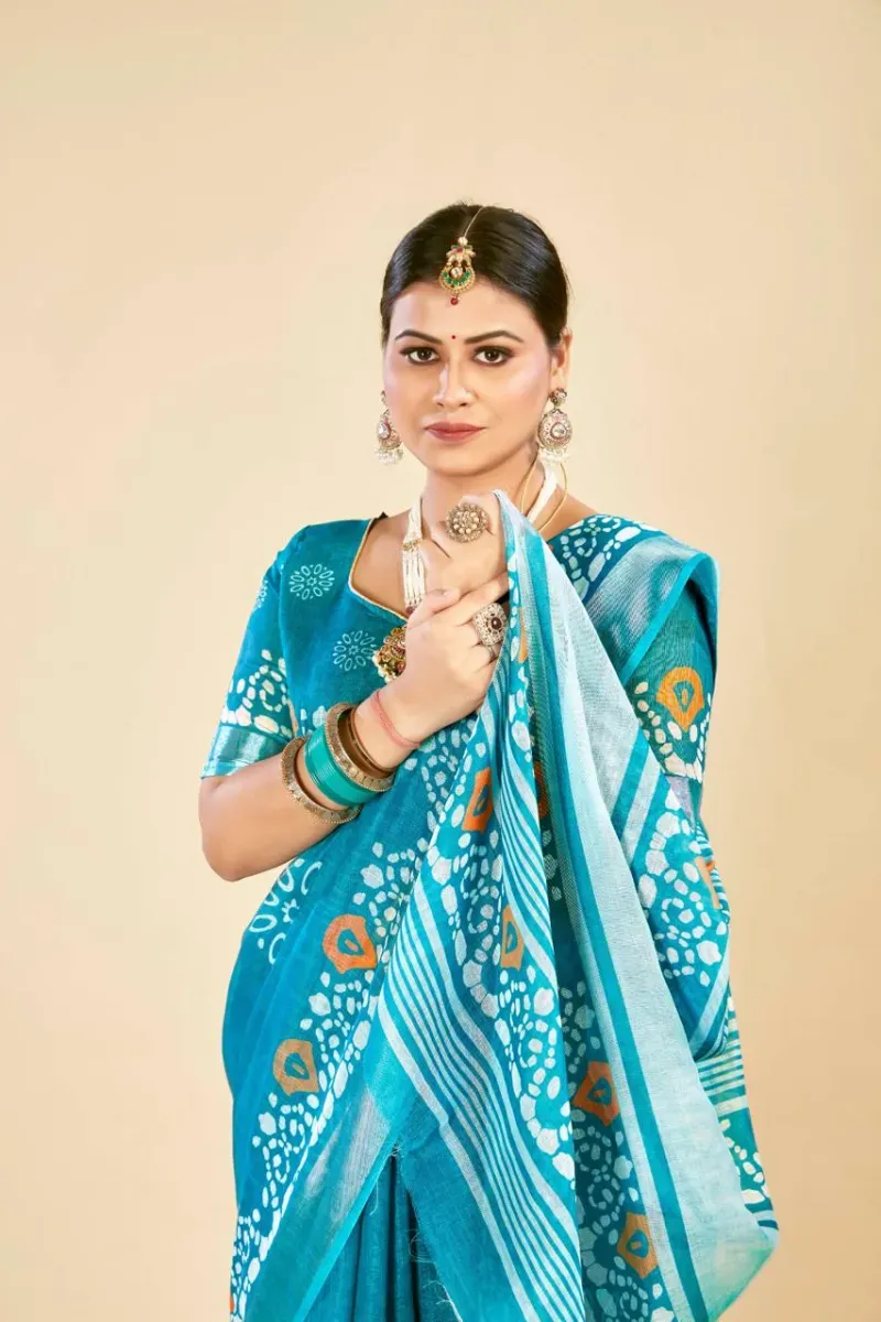 Turquoise Blue Bandhani Print Linen Saree with Silver Zari Border