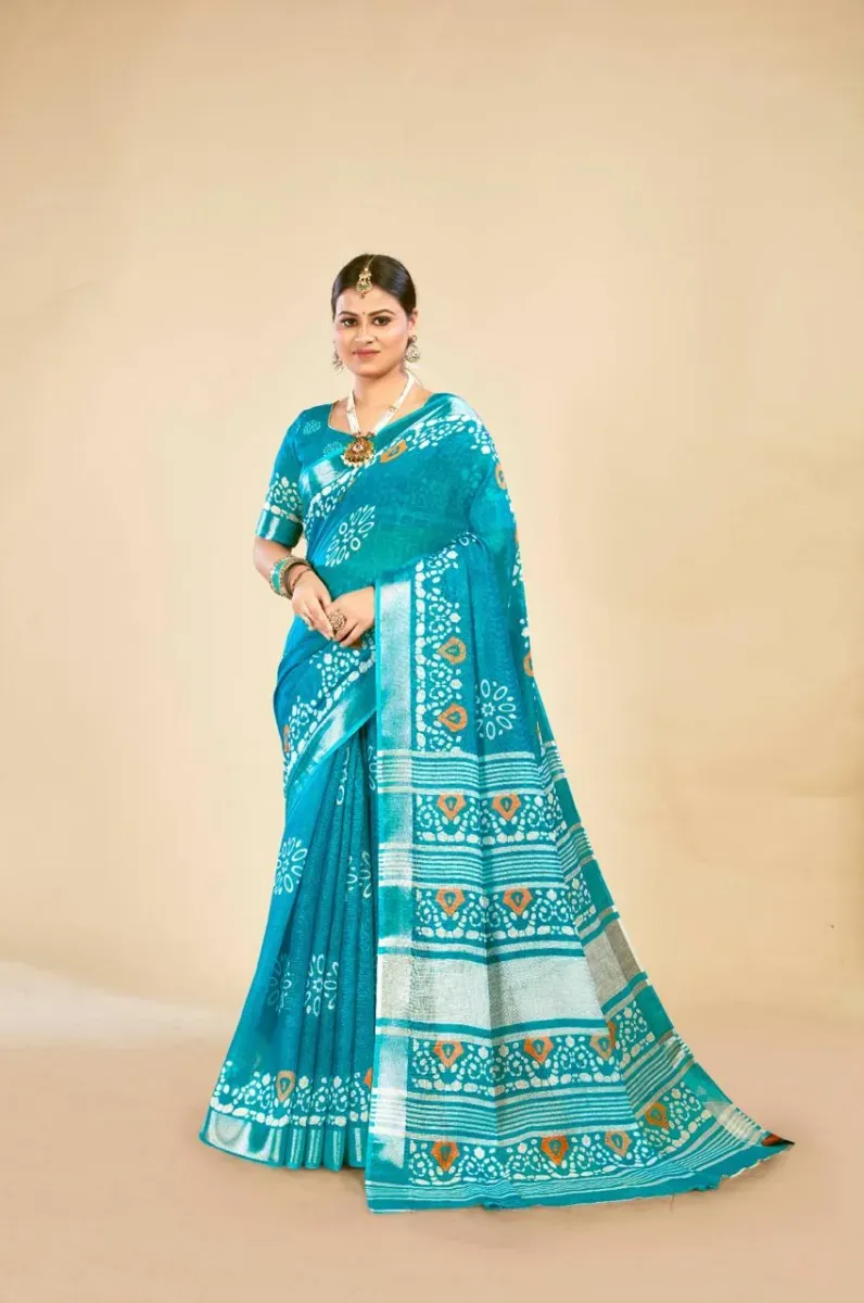 Turquoise Blue Bandhani Print Linen Saree with Silver Zari Border (Hover)