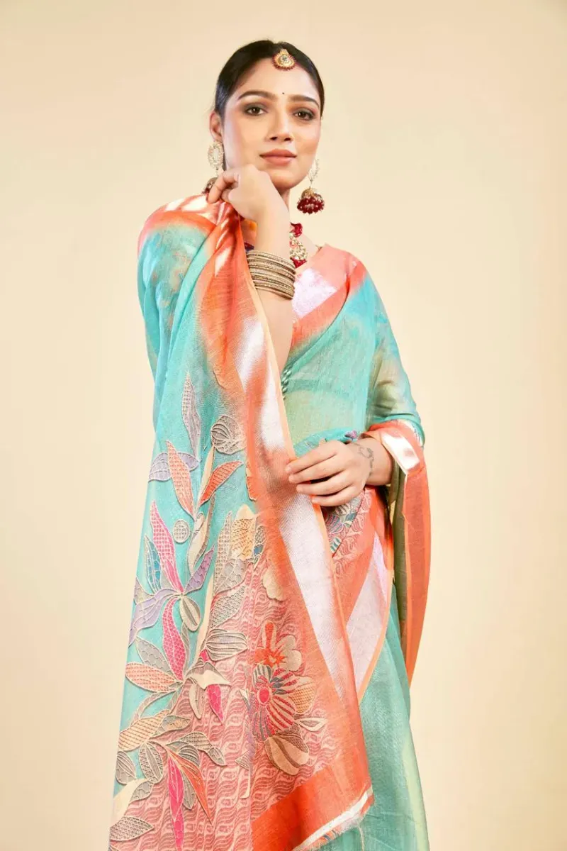 Aqua Blue Floral Print Linen Saree with Contrast Orange Zari Border