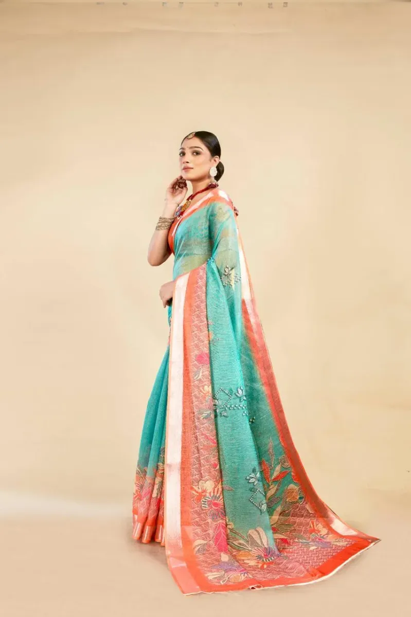 Aqua Blue Floral Print Linen Saree with Contrast Orange Zari Border (Hover)