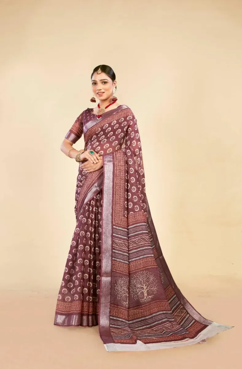 Plum Purple Tree of Life Block Print Linen Saree with Silver Border