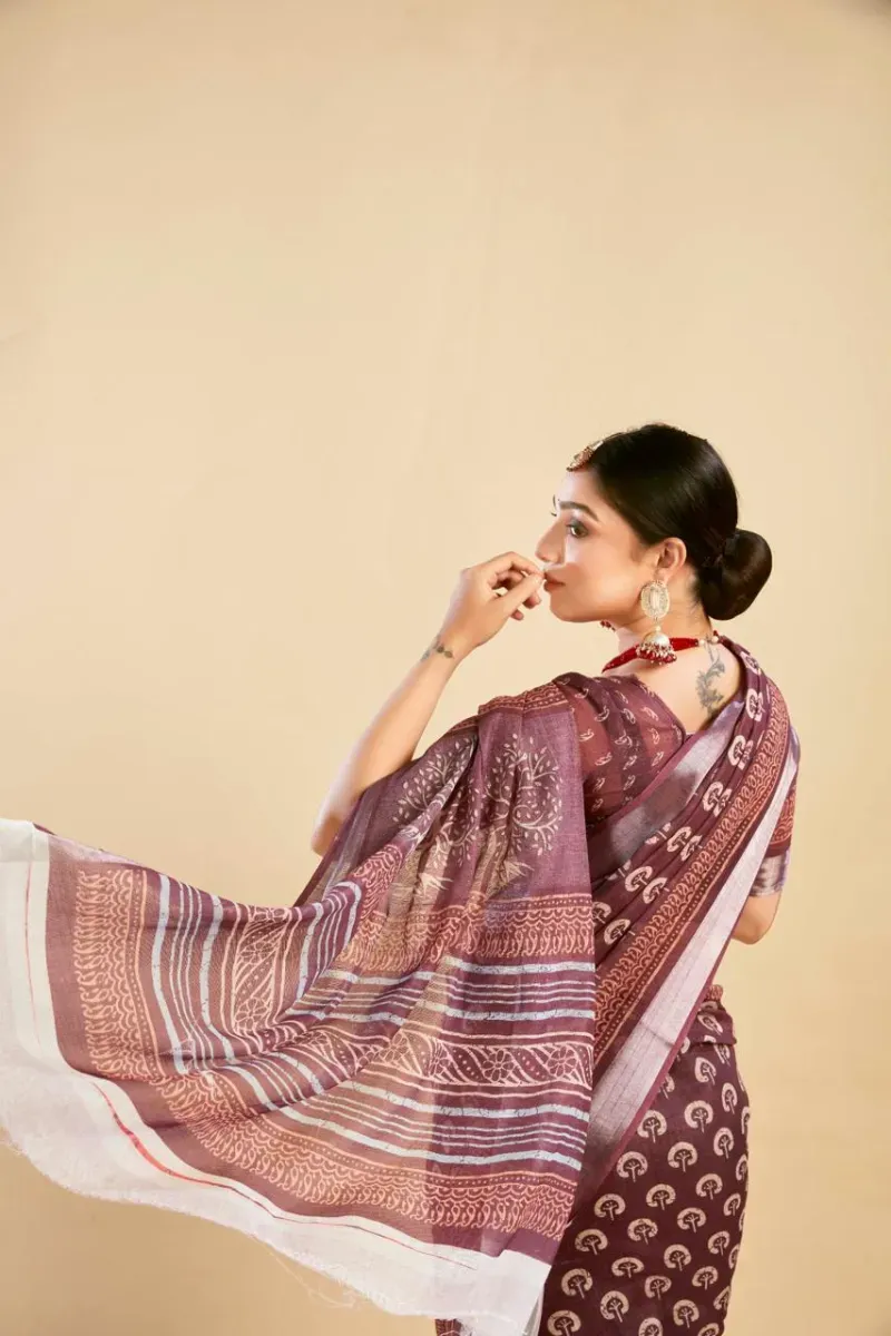 Plum Purple Tree of Life Block Print Linen Saree with Silver Border (Hover)