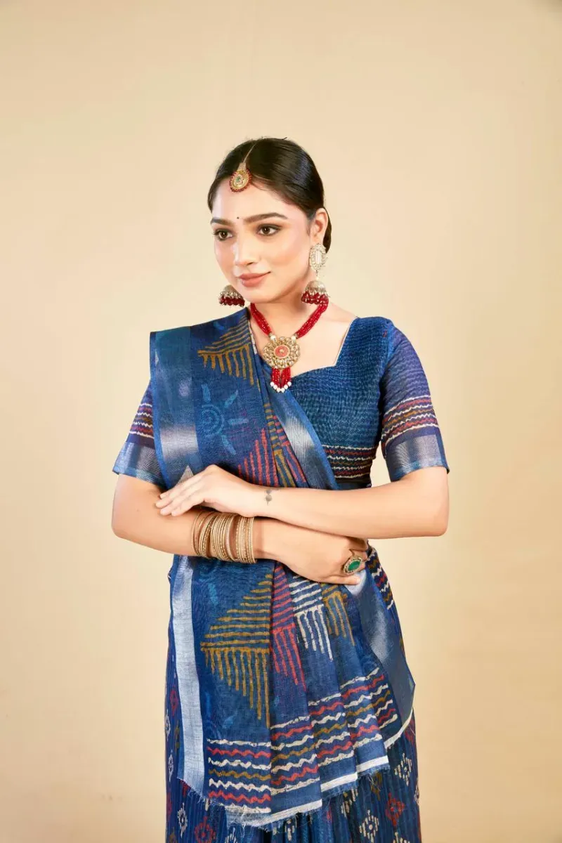 Navy Blue Geometric Block Print Linen Saree with Silver Zari Border