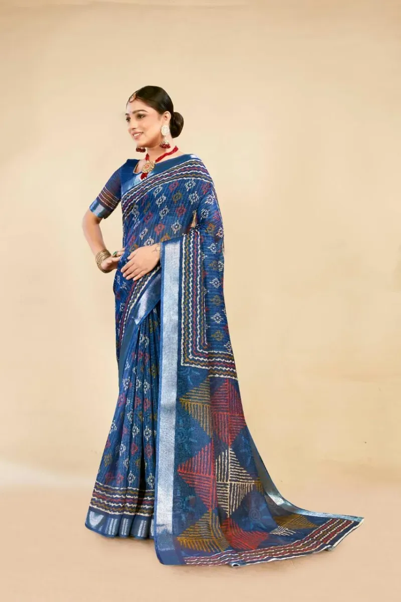 Navy Blue Geometric Block Print Linen Saree with Silver Zari Border (Hover)
