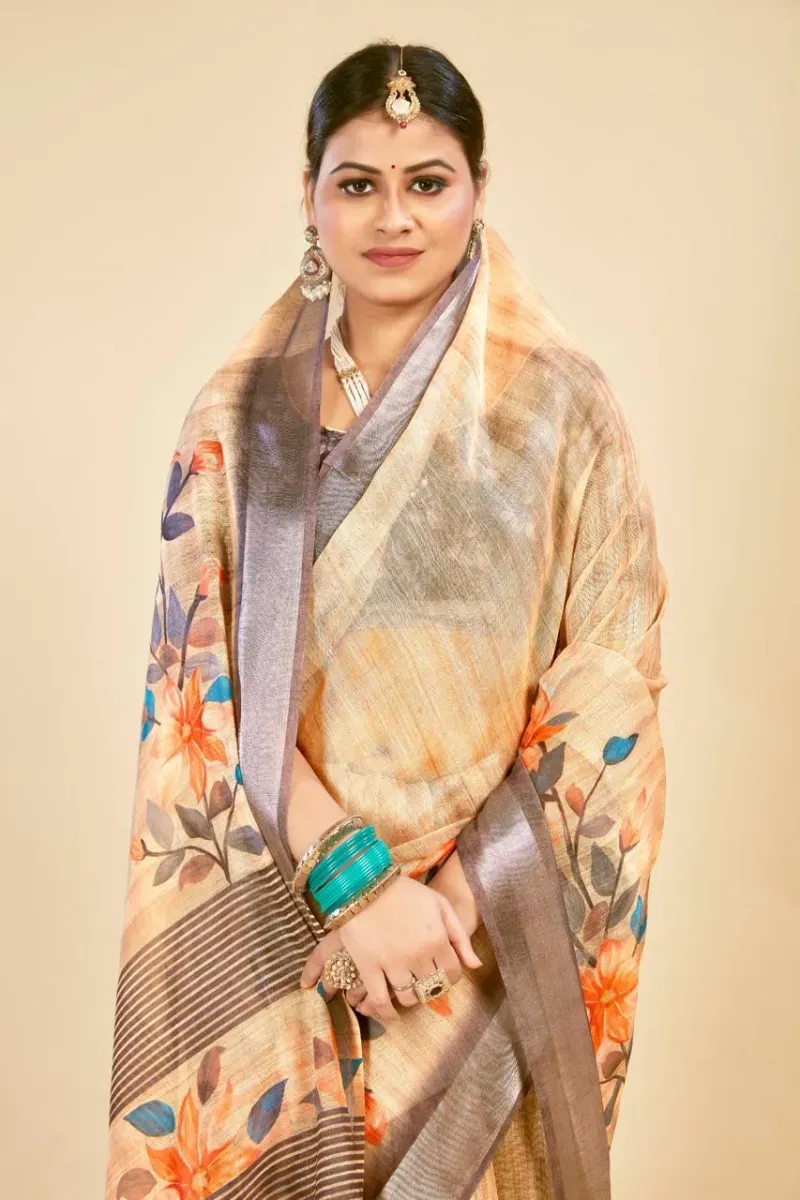 Golden Sand Floral Print Linen Saree with Dark Gunmetal Zari Border