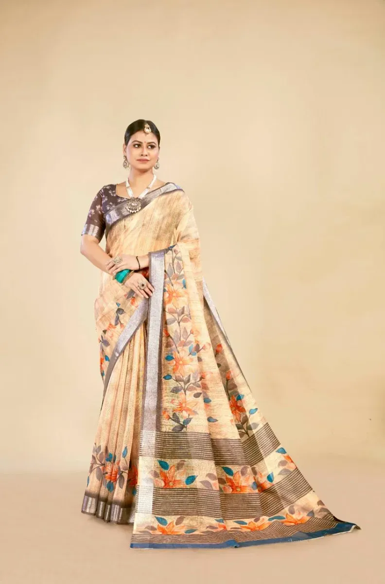 Golden Sand Floral Print Linen Saree with Dark Gunmetal Zari Border (Hover)