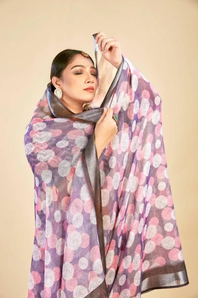 Deep Purple Abstract Circular Print Linen Saree with Dark Metallic Border