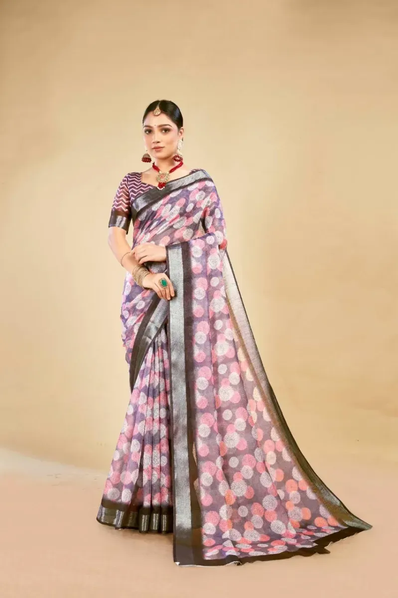 Deep Purple Abstract Circular Print Linen Saree with Dark Metallic Border (Hover)