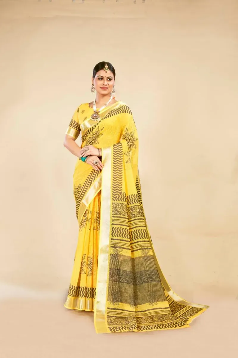 Bright Yellow Block Print Linen Saree with Metallic Zari Border