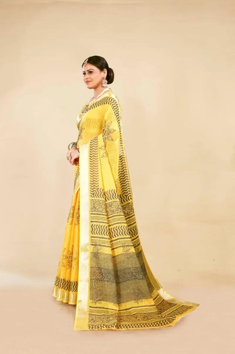 Bright Yellow Block Print Linen Saree with Metallic Zari Border (Hover)