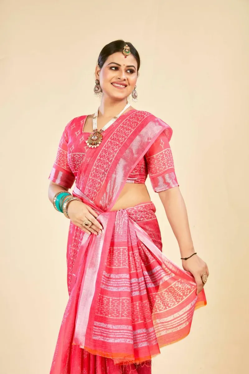 Hot Pink Tree of Life Block Print Linen Saree with Silver Zari Border