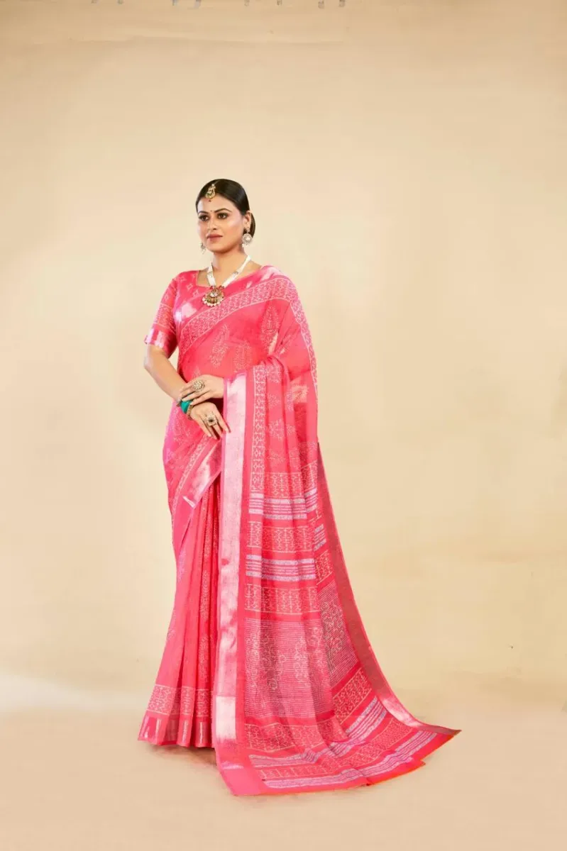 Hot Pink Tree of Life Block Print Linen Saree with Silver Zari Border (Hover)