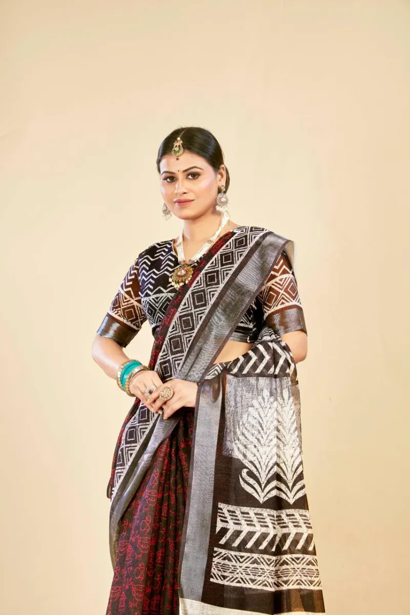 Black and Red Tribal Block Print Linen Saree with Silver Zari Border