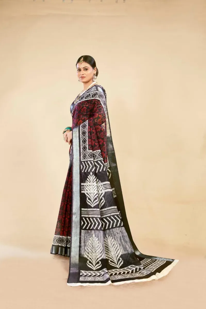 Black and Red Tribal Block Print Linen Saree with Silver Zari Border (Hover)
