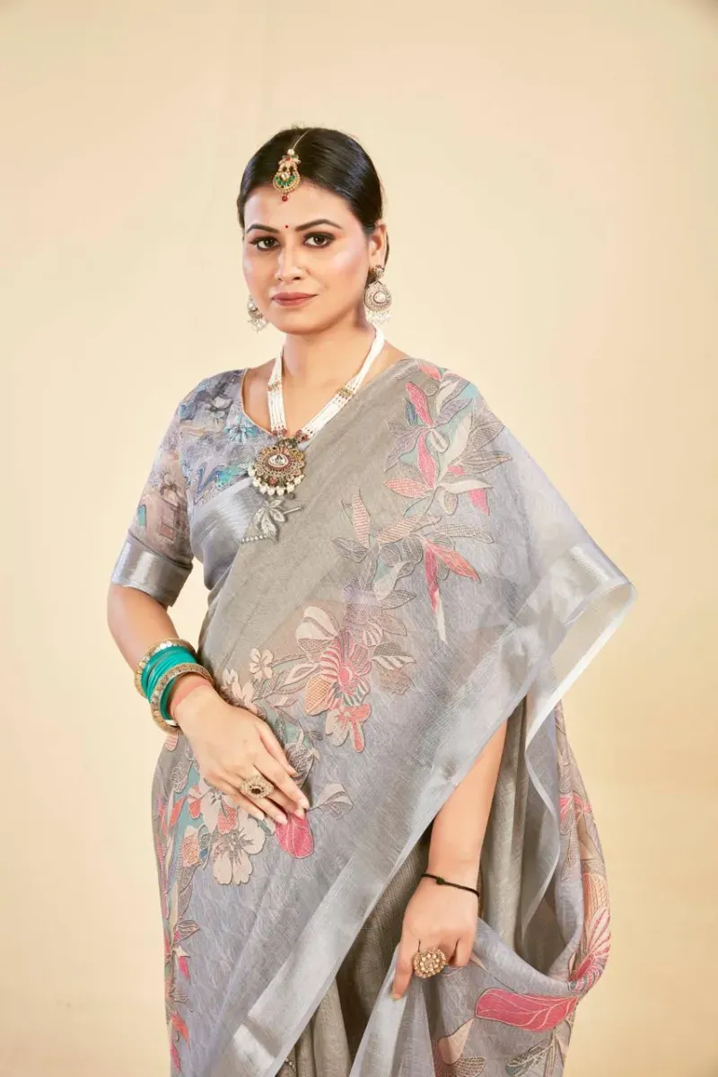 Taupe Grey Floral Print Linen Saree with Silver Zari Border