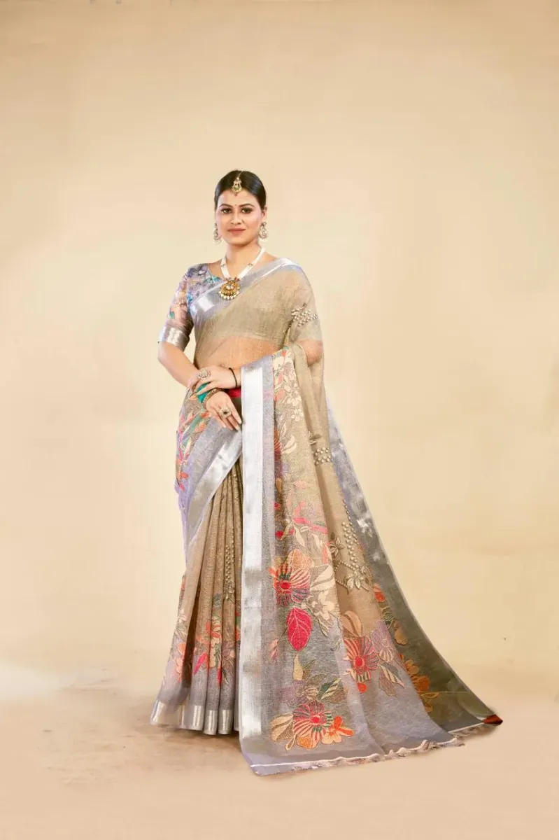 Taupe Grey Floral Print Linen Saree with Silver Zari Border (Hover)