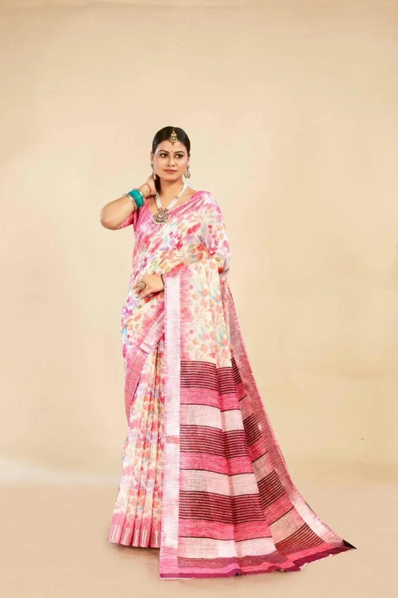 Pink Watercolor Floral Print Linen Saree with Striped Pallu