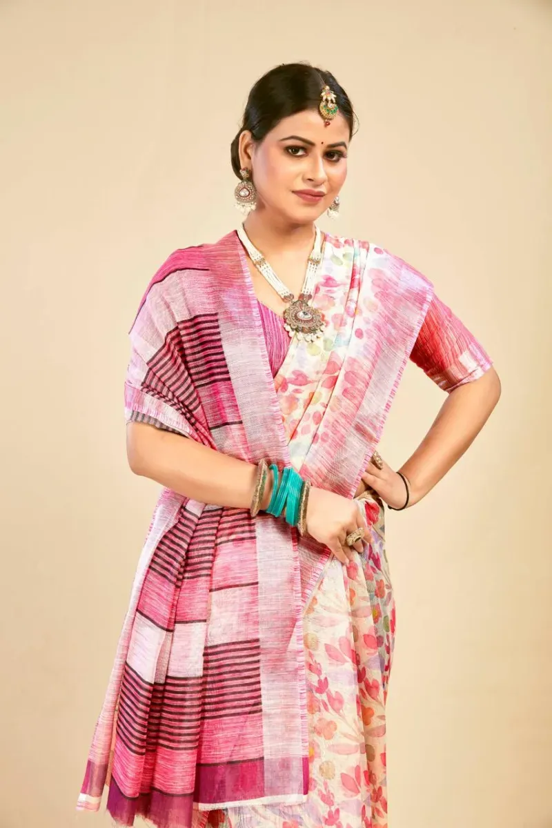 Pink Watercolor Floral Print Linen Saree with Striped Pallu (Hover)