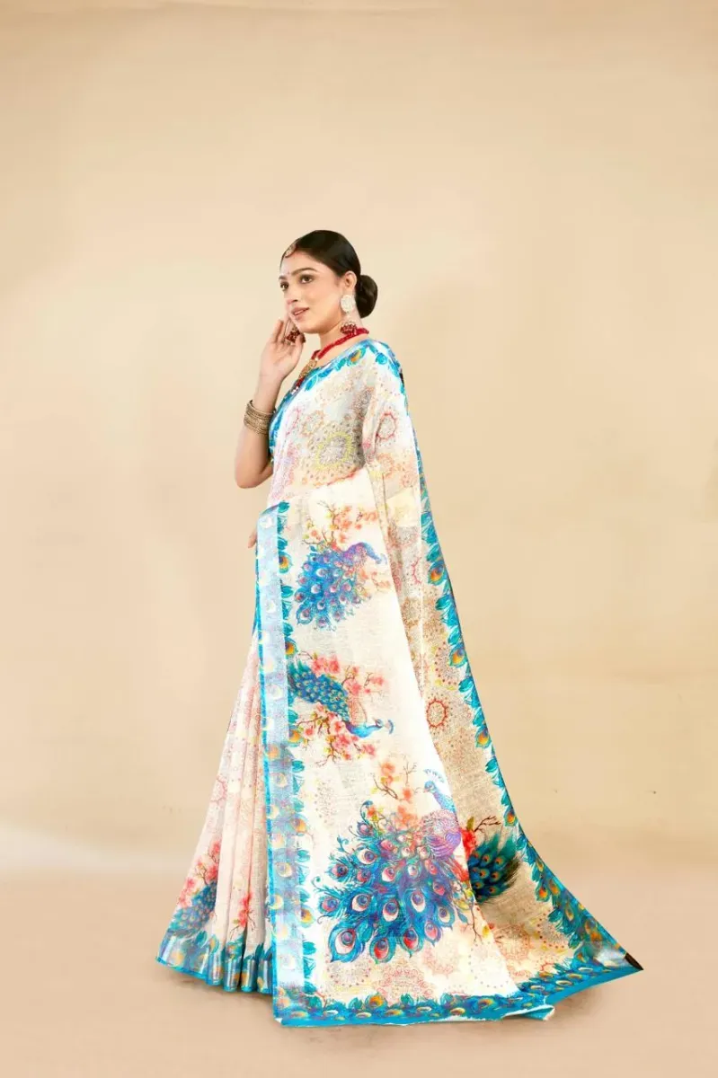 Off-White Peacock Floral Print Linen Saree with Turquoise Border
