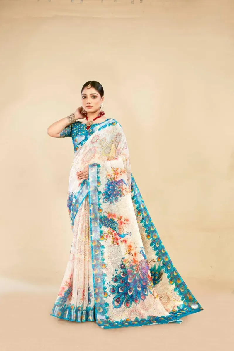 Off-White Peacock Floral Print Linen Saree with Turquoise Border (Hover)