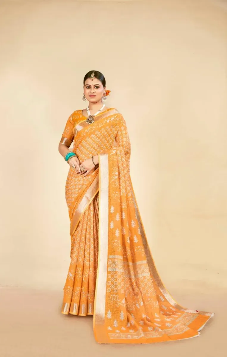 Mustard Yellow Bandhani Print Linen Saree with Silver Zari Border