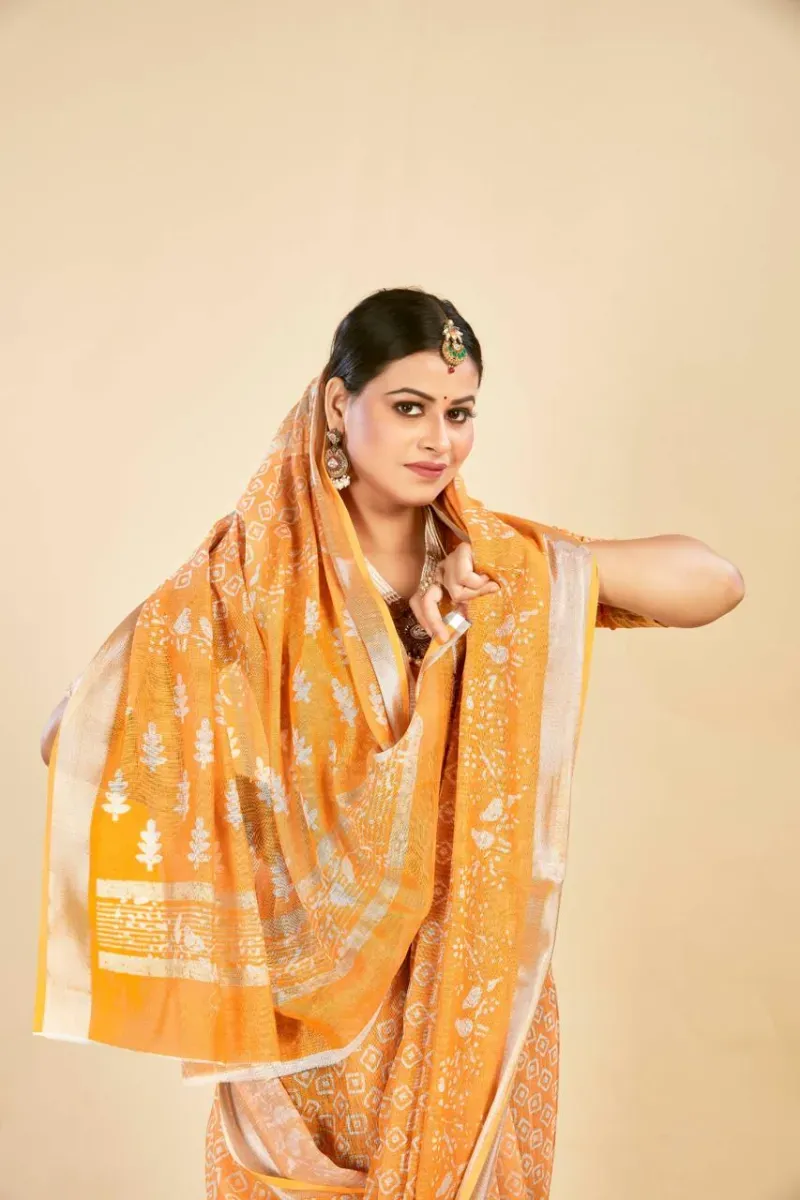 Mustard Yellow Bandhani Print Linen Saree with Silver Zari Border (Hover)