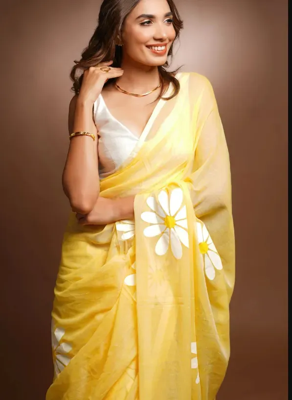 Bright Yellow Daisy Floral Print Linen Saree