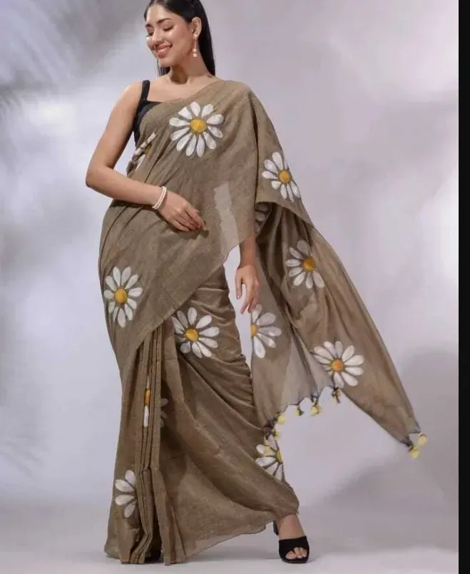 Earthy Brown Daisy Floral Print Linen Saree