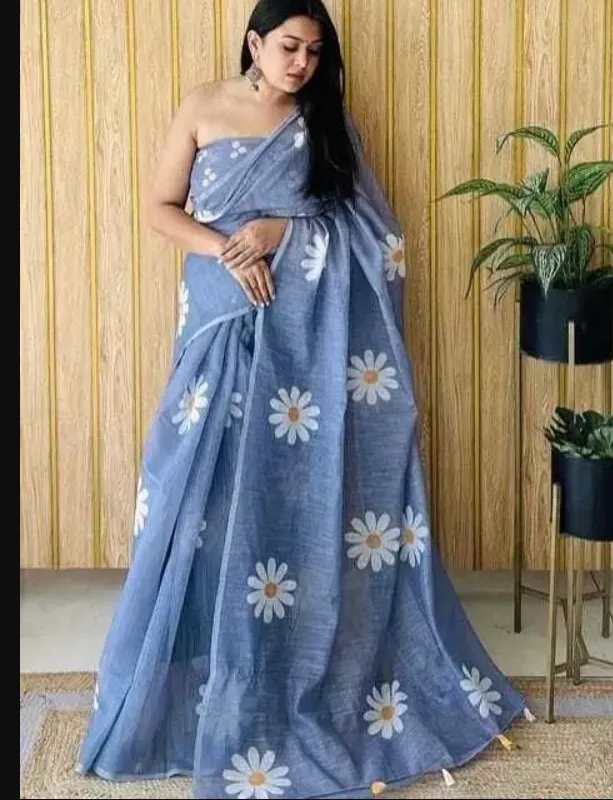 Dusty Blue Daisy Floral Print Linen Saree