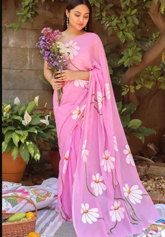 Soft Pink Daisy Floral Print Linen Saree