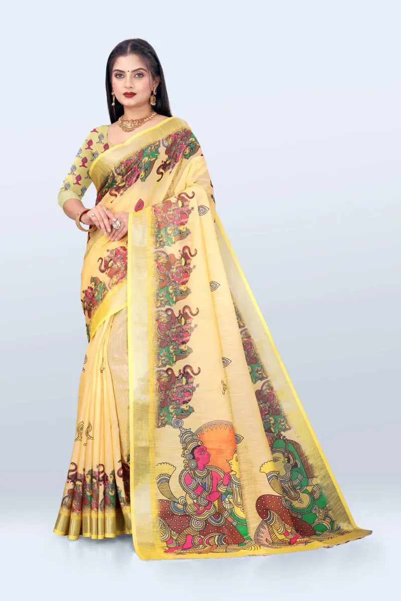 Pale Yellow Traditional Mural Print Linen Saree with Gold Zari Border