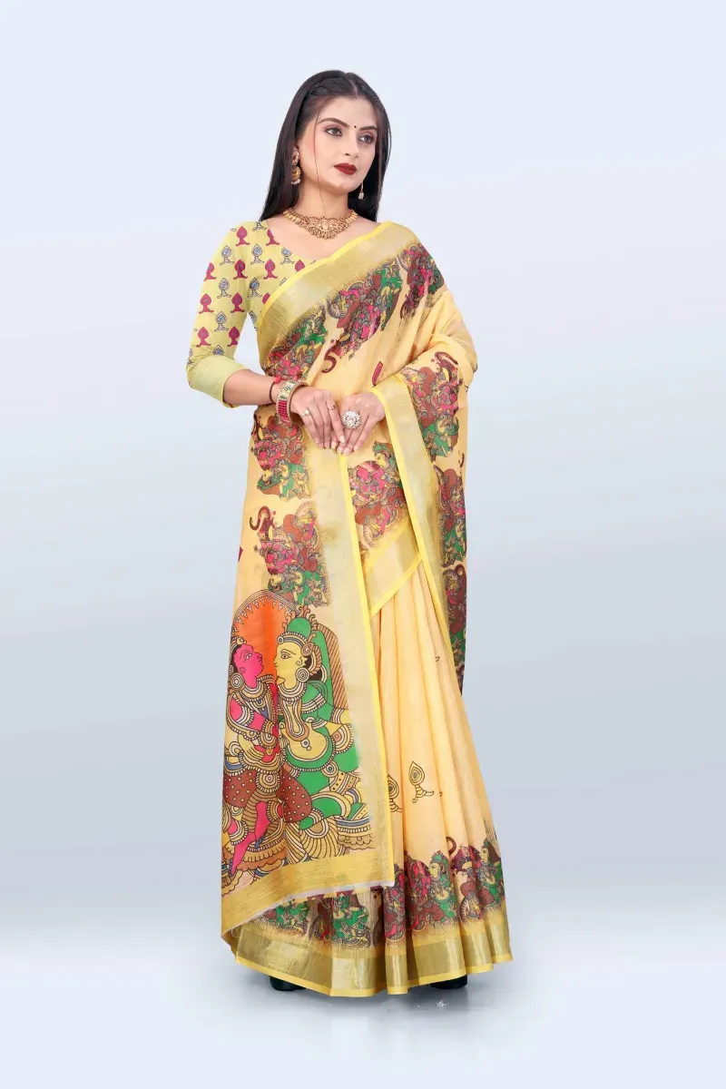 Pale Yellow Traditional Mural Print Linen Saree with Gold Zari Border (Hover)