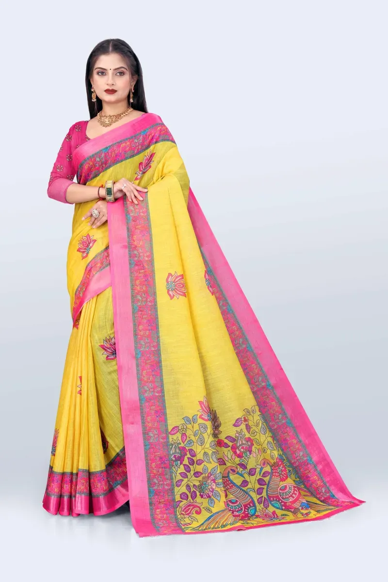 Bright Yellow Kalamkari Peacock Print Linen Saree with Pink Border