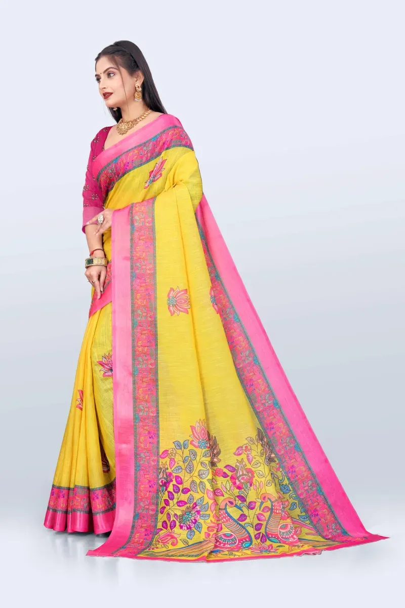 Bright Yellow Kalamkari Peacock Print Linen Saree with Pink Border (Hover)