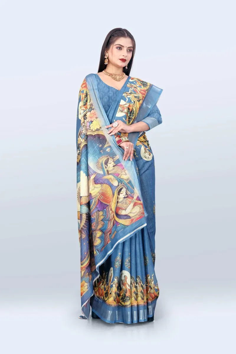 Denim Blue Traditional Royal Court Mural Print Linen Saree