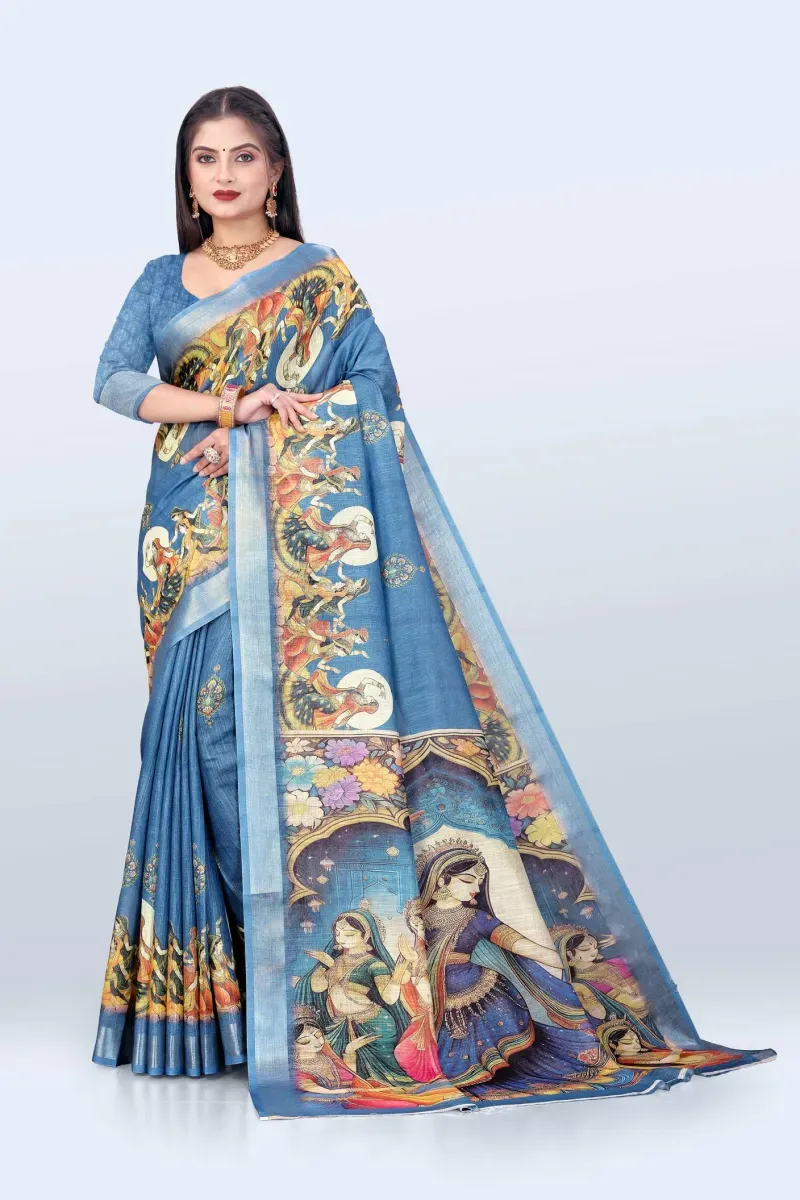 Denim Blue Traditional Royal Court Mural Print Linen Saree (Hover)