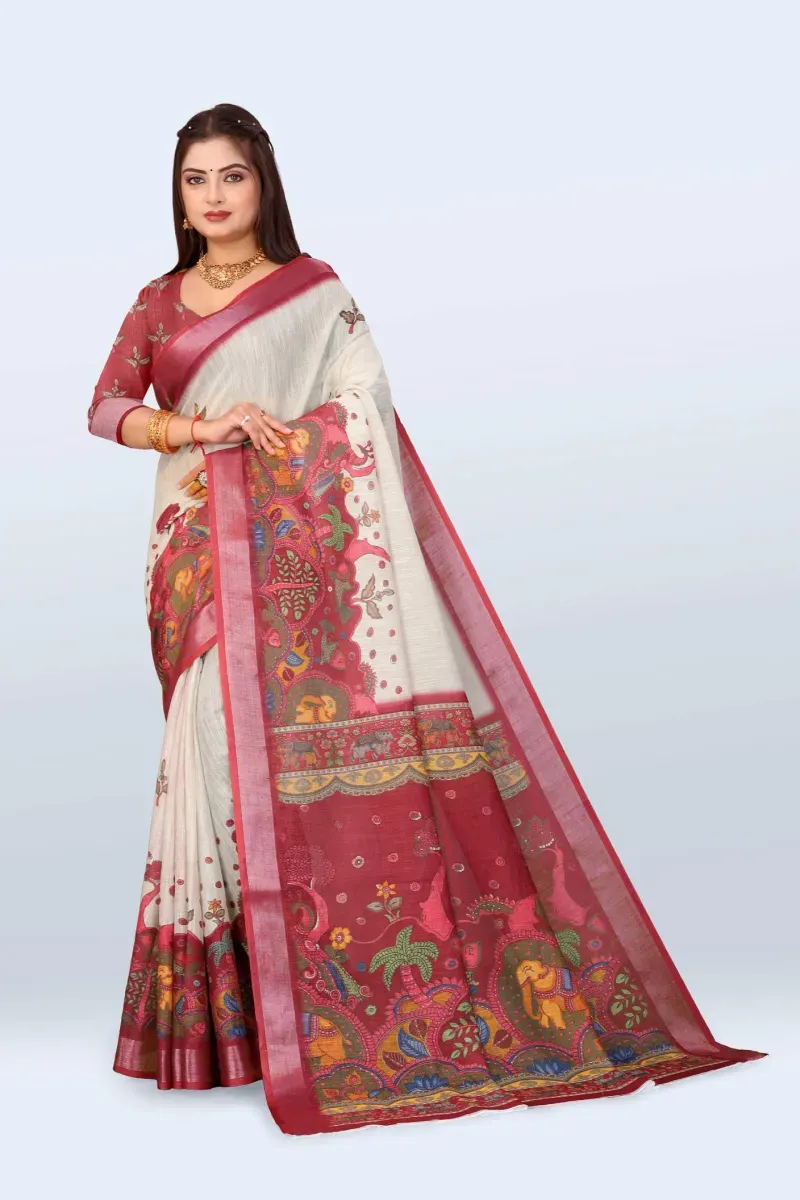 Off-White and Maroon Traditional Kalamkari Elephant Print Linen Saree