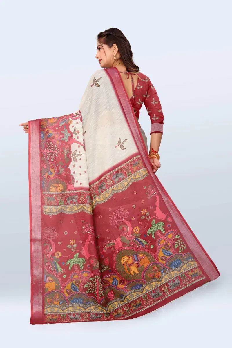 Off-White and Maroon Traditional Kalamkari Elephant Print Linen Saree (Hover)