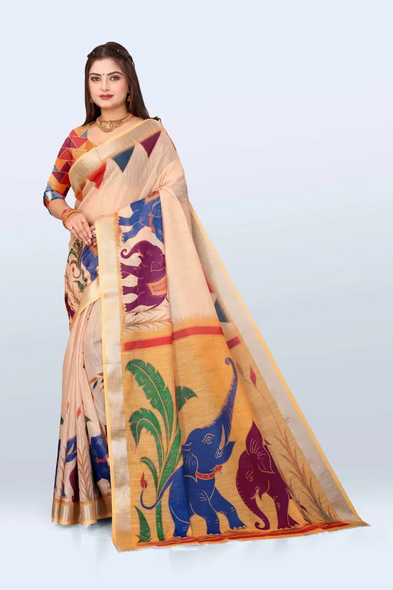 Beige Kalamkari Elephant Print Linen Saree with Geometric Blouse