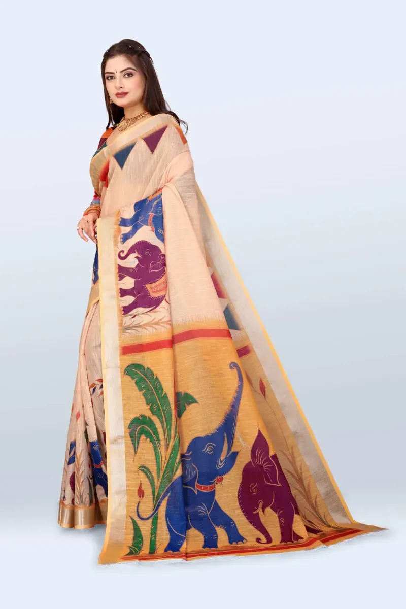 Beige Kalamkari Elephant Print Linen Saree with Geometric Blouse (Hover)