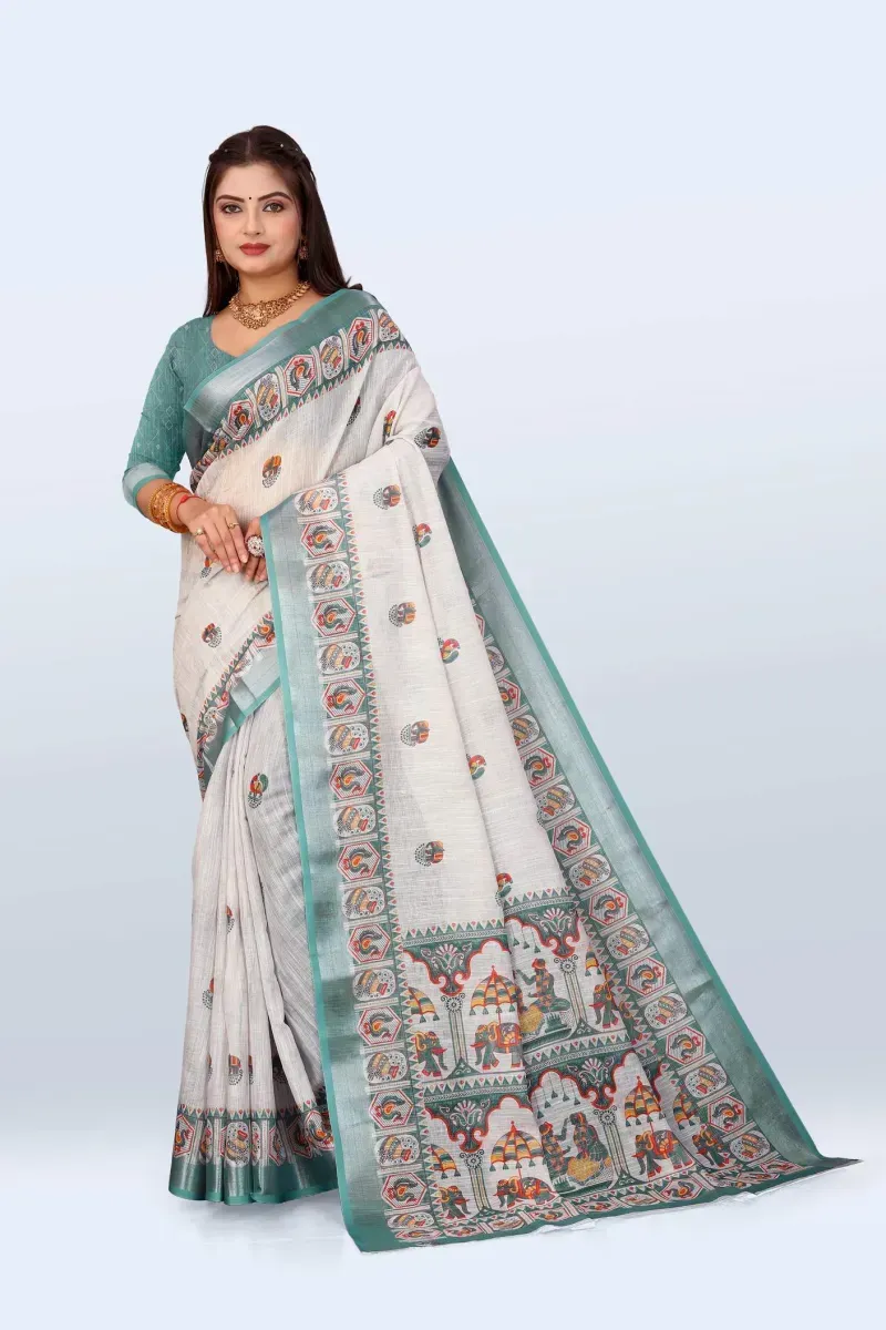 Off-White and Teal Traditional Royal Procession Print Linen Saree