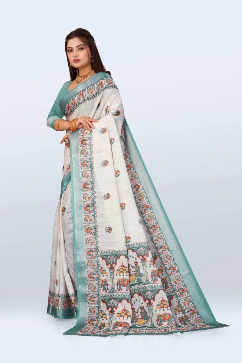 Off-White and Teal Traditional Royal Procession Print Linen Saree (Hover)