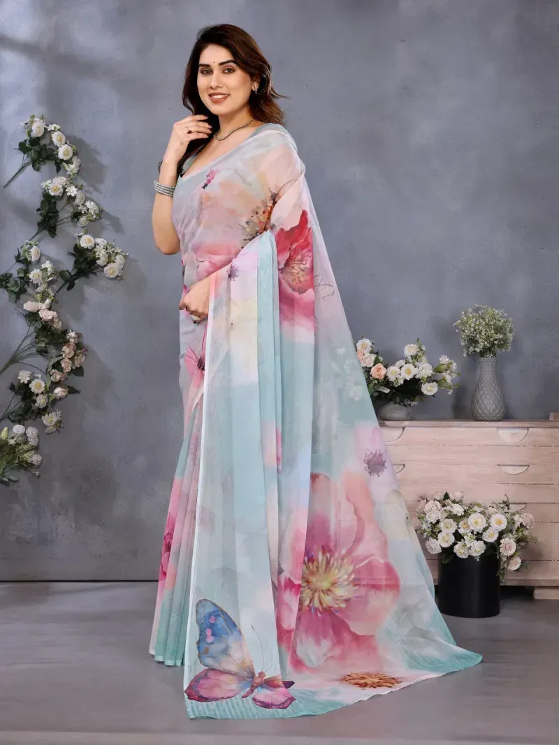 Pastel Aqua Floral and Butterfly Print Organza Saree