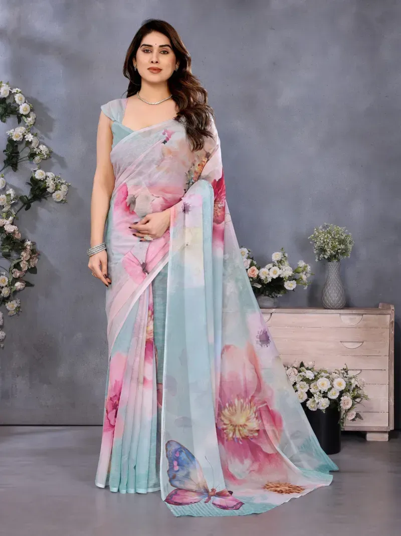 Pastel Aqua Floral and Butterfly Print Organza Saree (Hover)