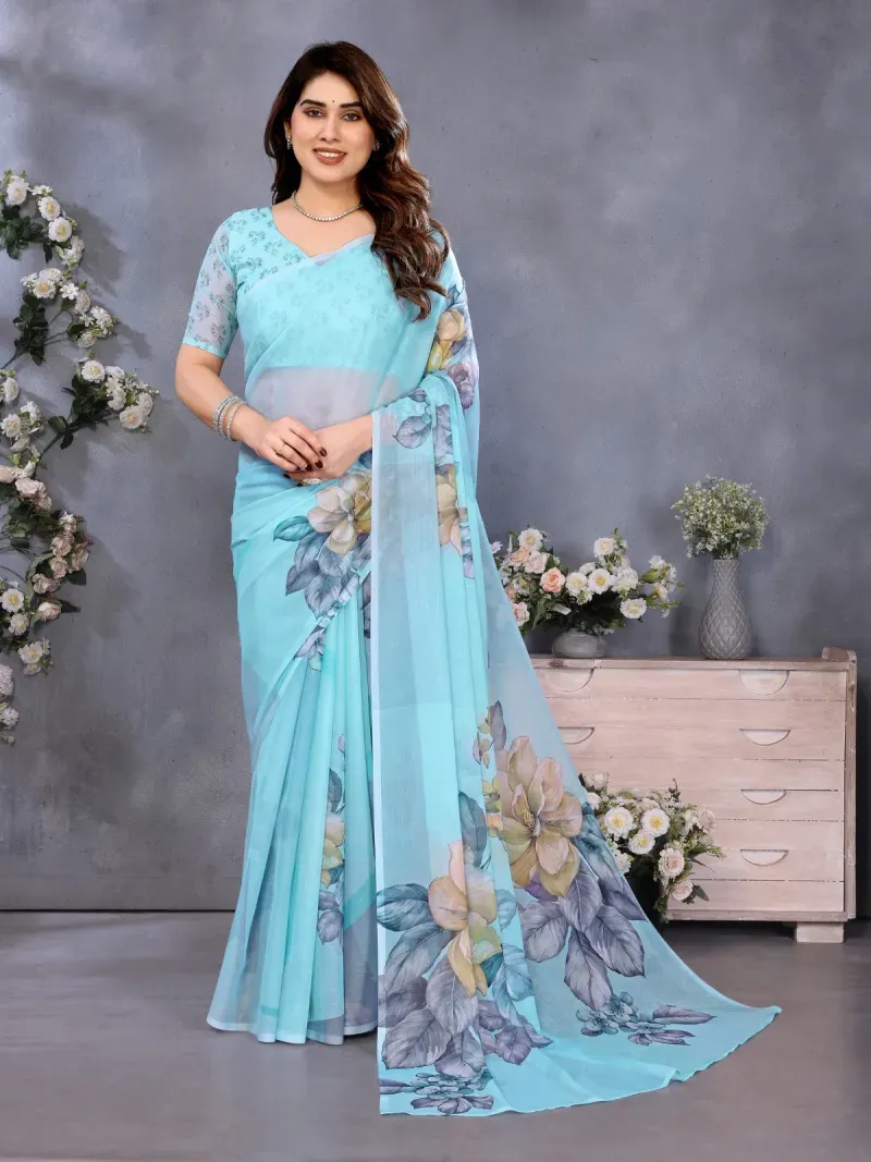 Elegant Turquoise Blue Watercolor Floral Print Organza Saree