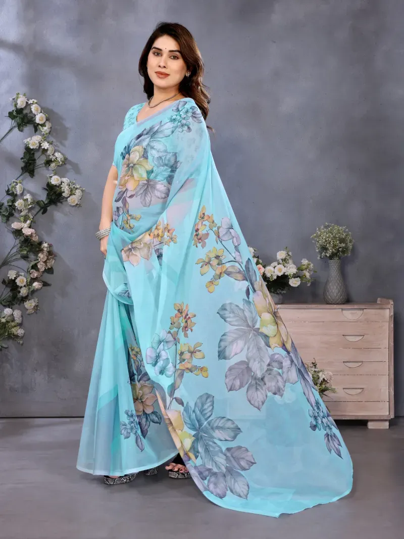 Elegant Turquoise Blue Watercolor Floral Print Organza Saree (Hover)